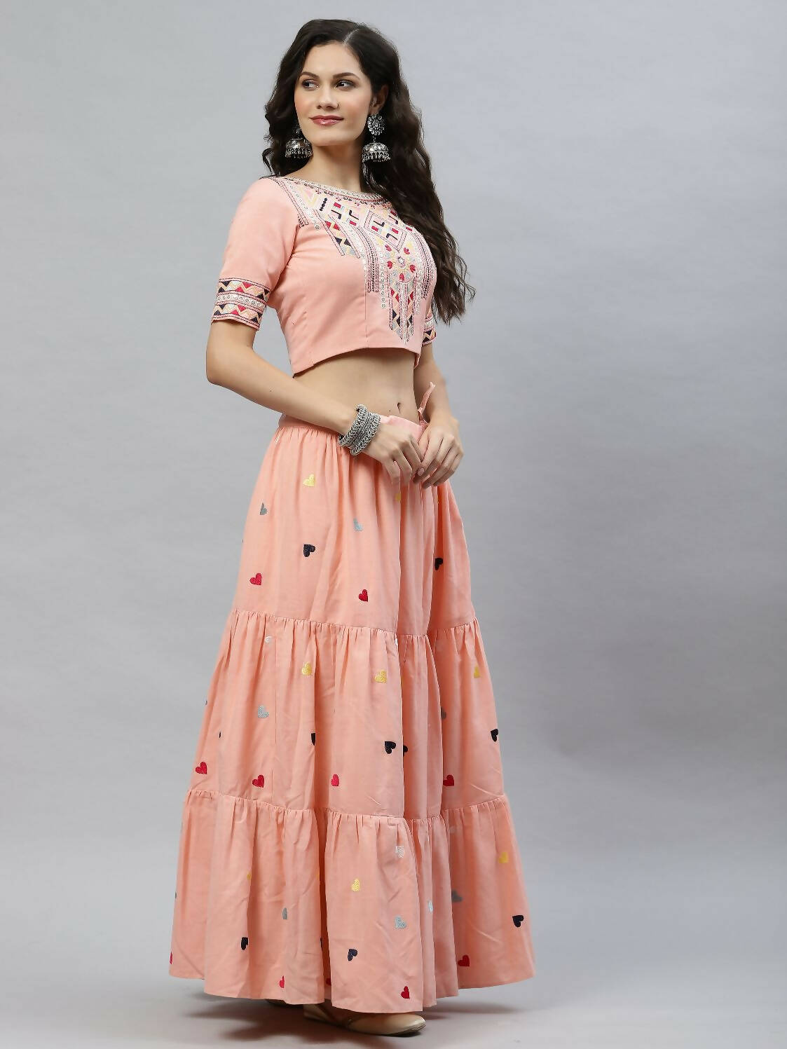 Pink Cotton Embroidered Work Lehenga Choli with Dupatta - Jivika | Grocsy