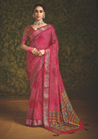 Joban Fashion Pink Velvet Tussar Silk with Foil Print Saree | Grocsy