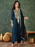 The52 Women's Beautiful Embroidery Work Vichitra Silk Fabric Flared Kurta Pant and Dupatta Set | Grocsy