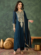 The52 Women's Beautiful Embroidery Work Vichitra Silk Fabric Flared Kurta Pant and Dupatta Set | Grocsy