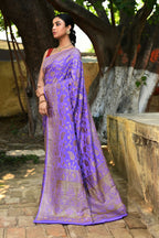 Joban Fashion Dark Lilac Crepe Chiffon Pure Handloom Banarasi Silk Saree | Grocsy