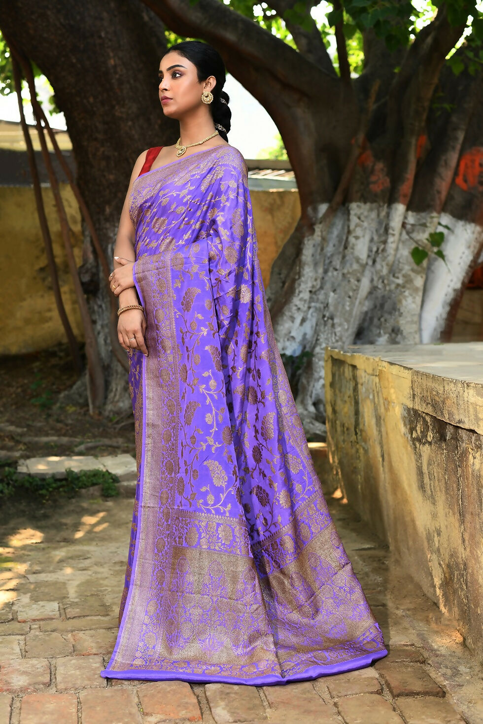 Joban Fashion Dark Lilac Crepe Chiffon Pure Handloom Banarasi Silk Saree | Grocsy