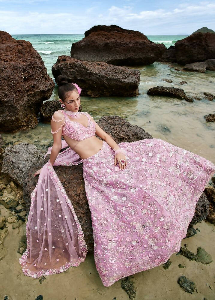 House of Panchhi Mauve Organza Sequins, Zarkan And Thread Embroidery Lehenga Choli & Dupatta | Grocsy