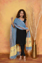 Very Much Indian Handloom Pure Cotton Paithani Dupatta - Powder Blue | Grocsy