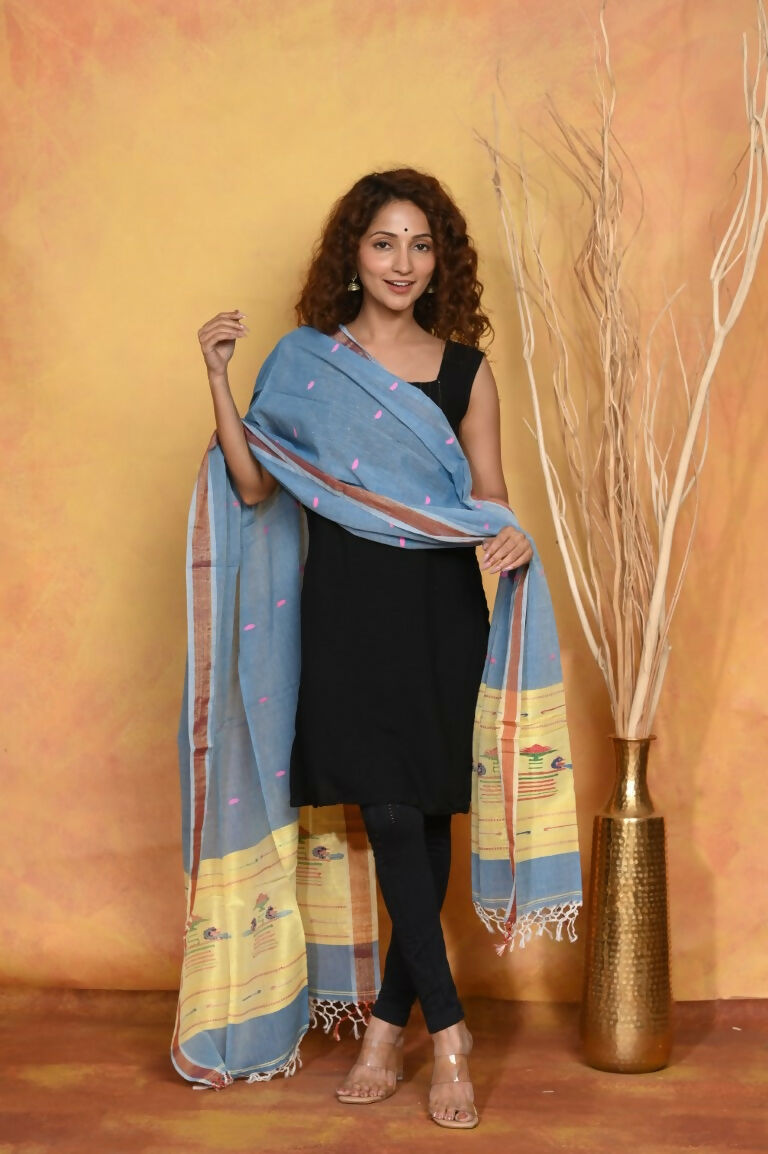 Very Much Indian Handloom Pure Cotton Paithani Dupatta - Powder Blue | Grocsy