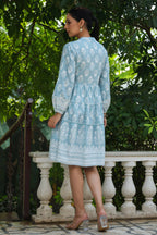 Juniper Women's Skyblue Rayon Floral Printed Short Tiered Dress | Grocsy