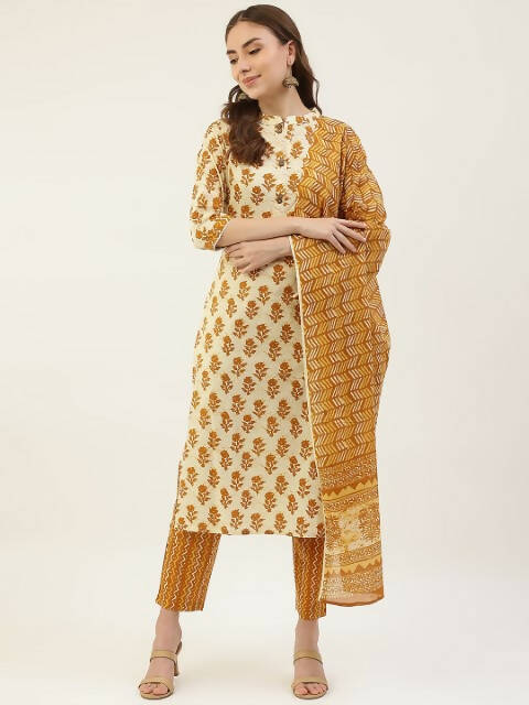 FIORRA Women's Yellow Cotton Straight Kurta Pant With Dupatta | Grocsy