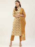 FIORRA Women's Yellow Cotton Straight Kurta Pant With Dupatta | Grocsy