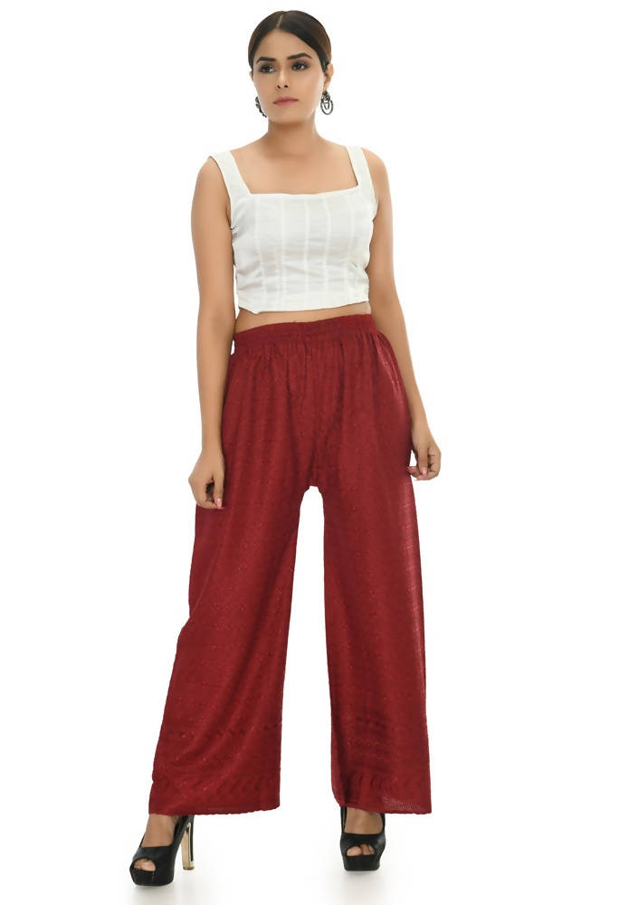 Mominos Fashion Moeza Reyon Cotton Maroon Color Chikan Work Palazzo | Grocsy