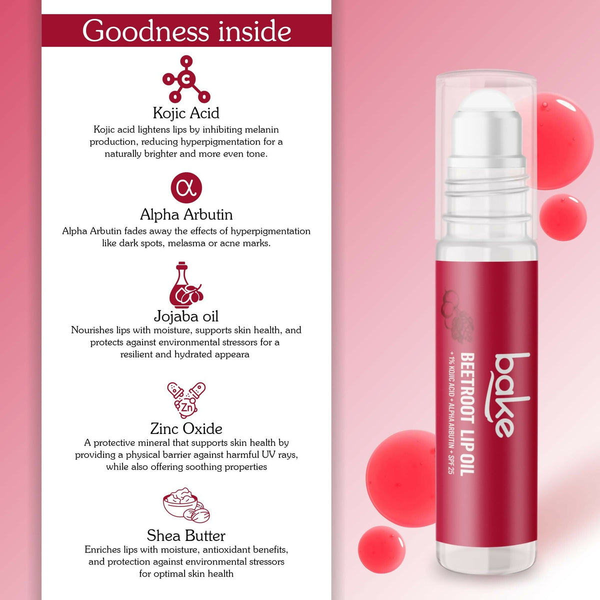 Bake 1% Kojic Acid Beetroot Tinted Lip Balm Oil for Dark & Pigmented Lips with SPF 25 & Alpha Arbutin | Grocsy