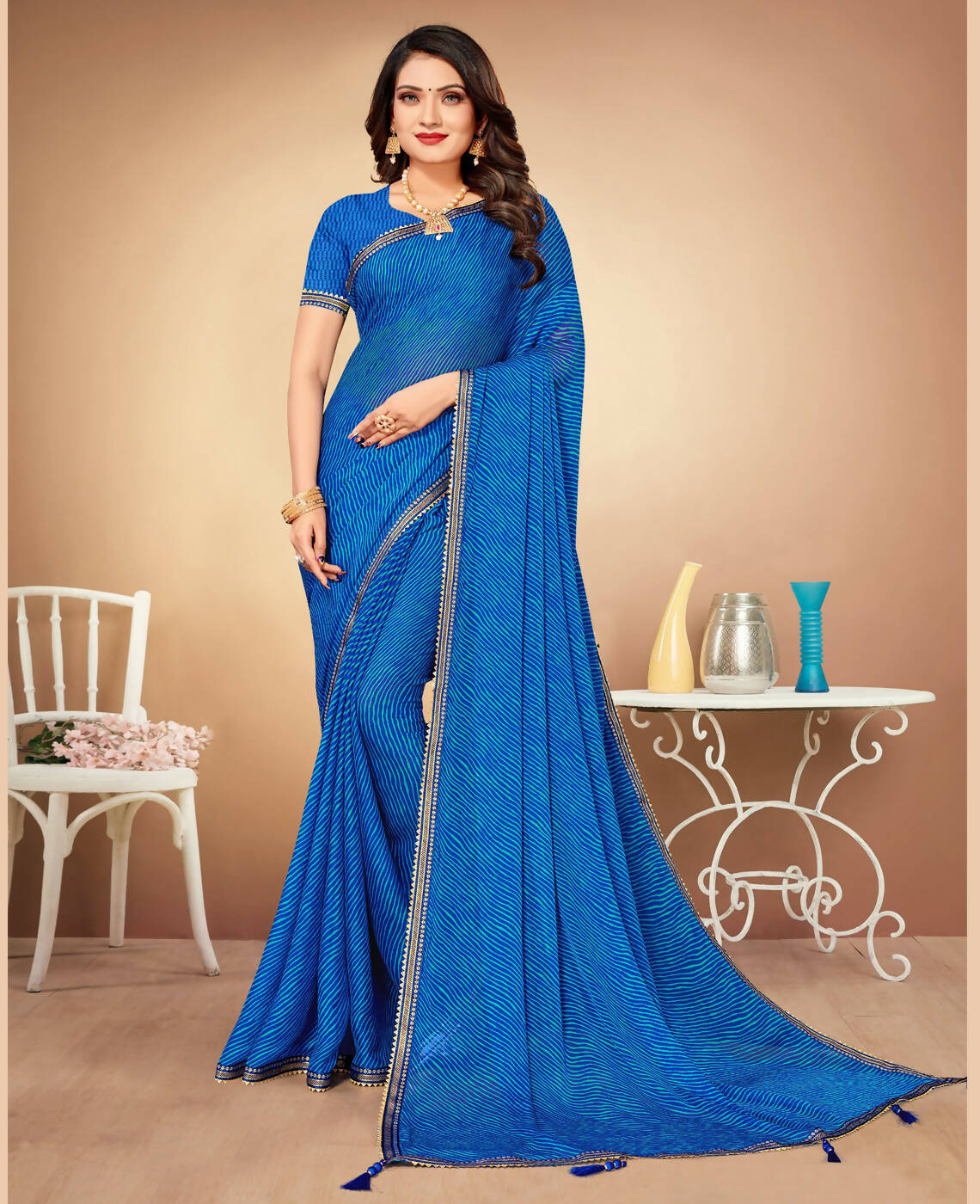 Blue Chiffon Leheriya Printed Saree With Unstitched Blouse Piece - Swarna | Grocsy