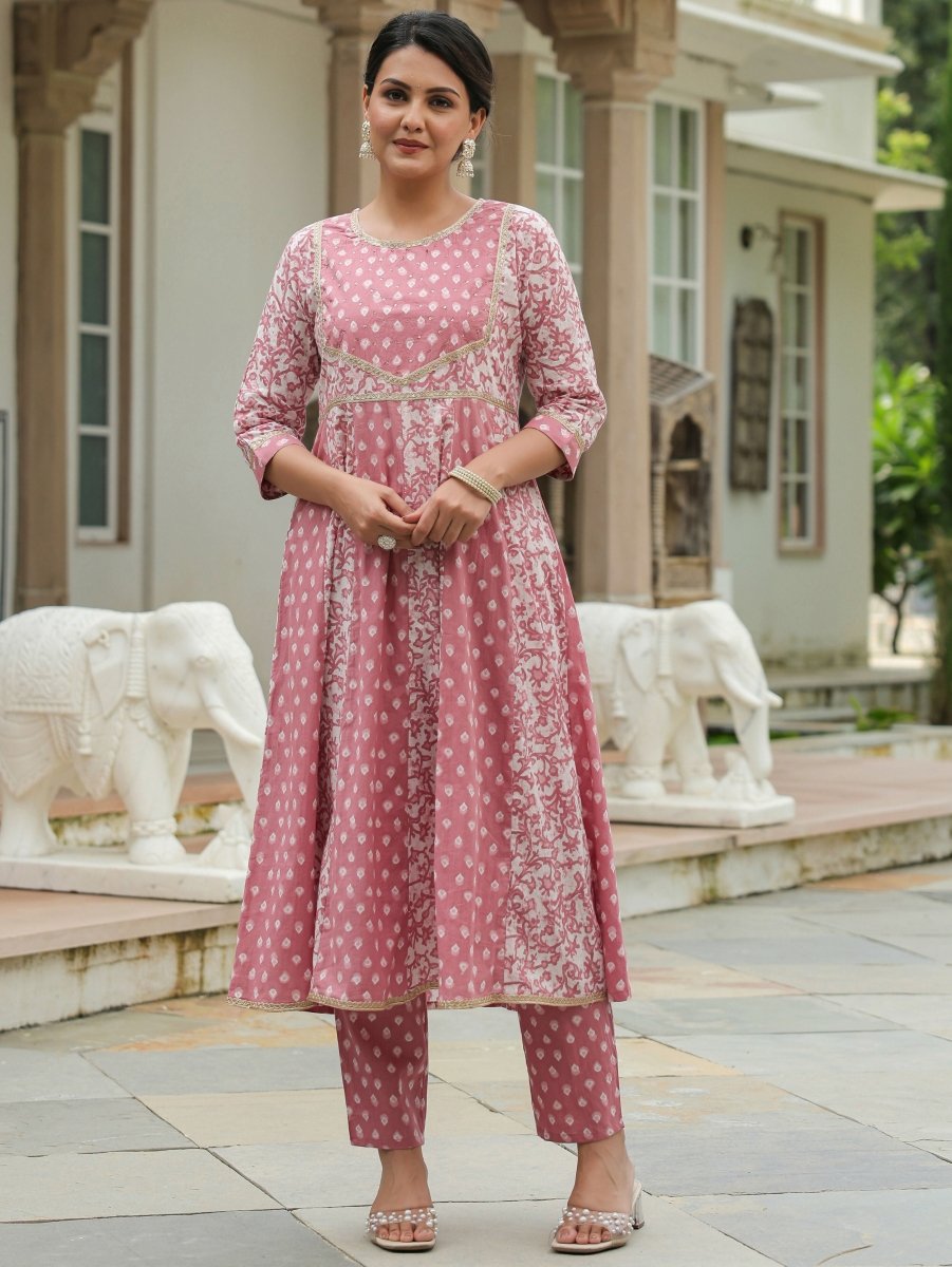 Aramya Anarkali Soft Cotton Block Print Women's Kurta Set - Pink | Grocsy