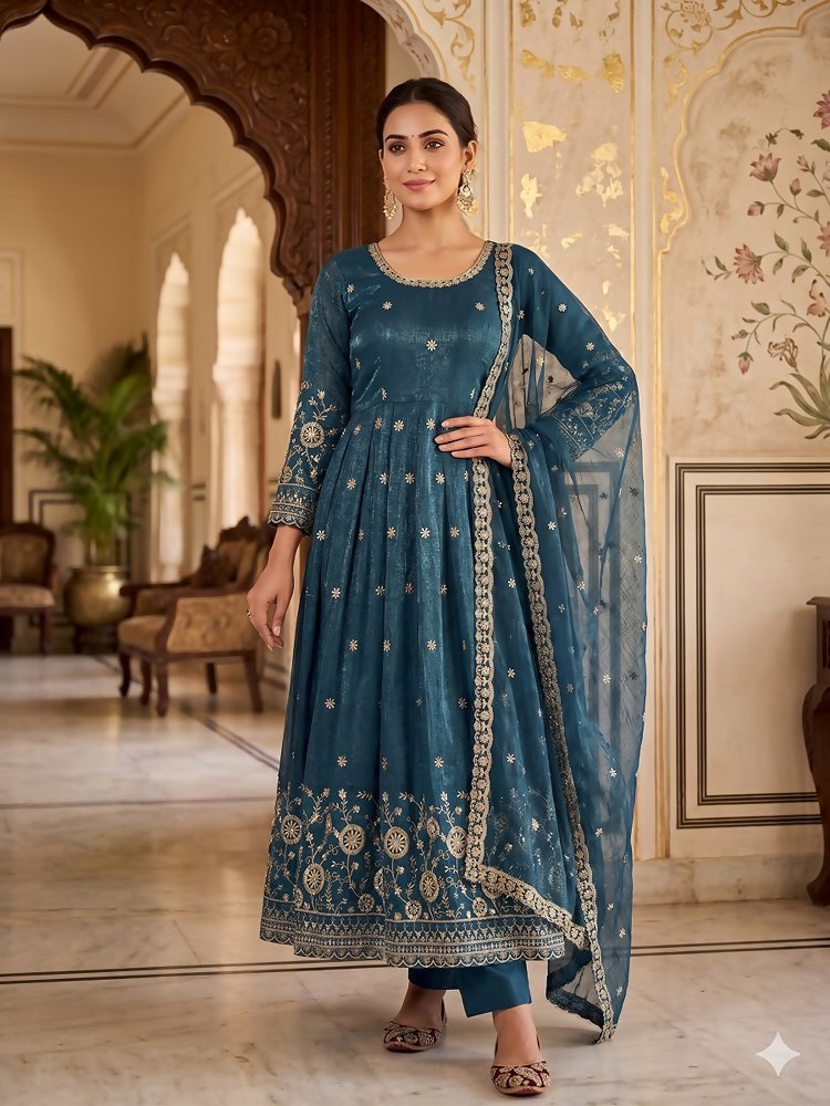 Teeya Creation New Stylish Trendy Elegant Teal Embroidered Anarkali Suit with Dupatta | Grocsy