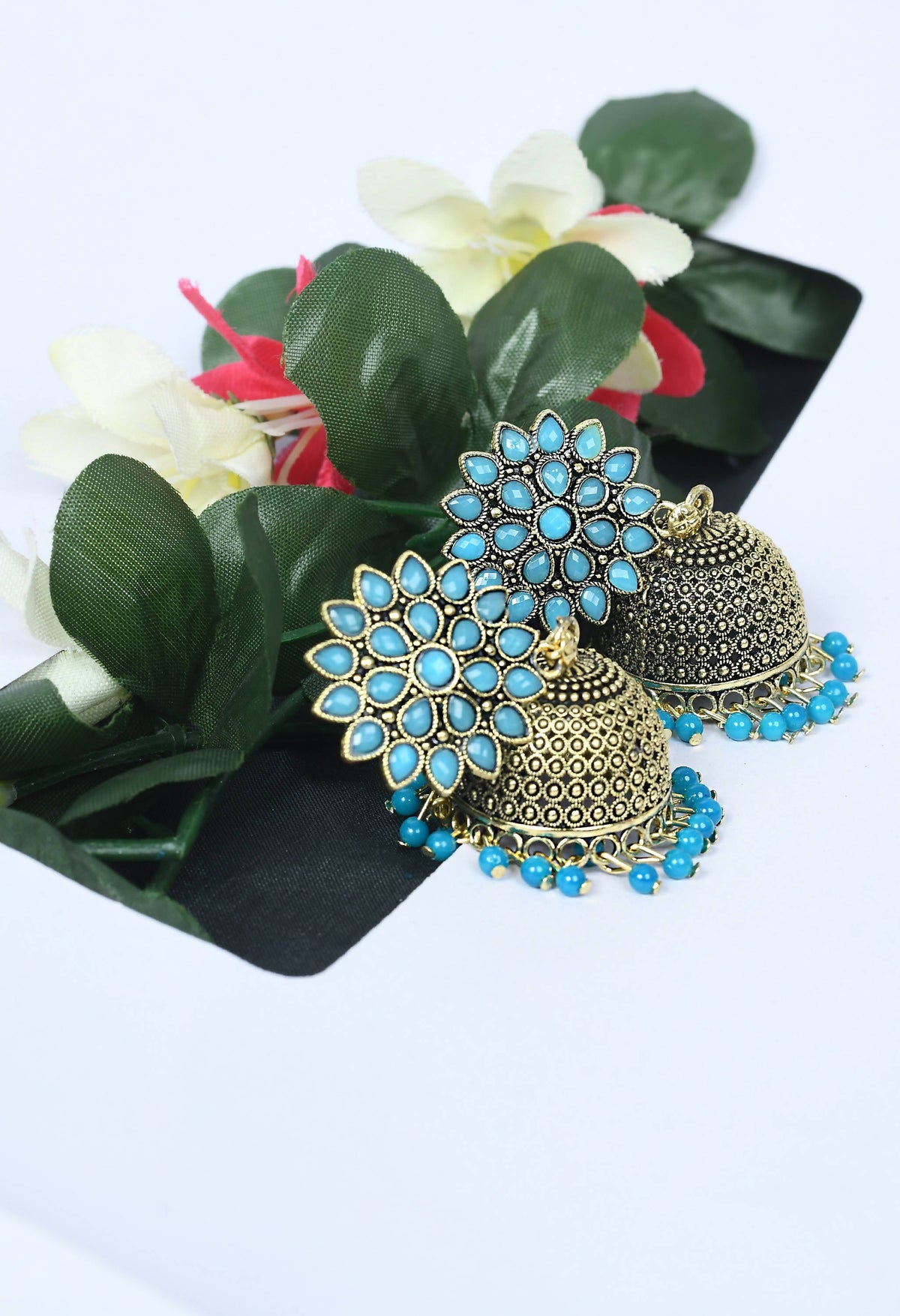 Mominos Fashion Johar Kamal Beautiful Kundan Work Jhumka With Sky Blue Beads