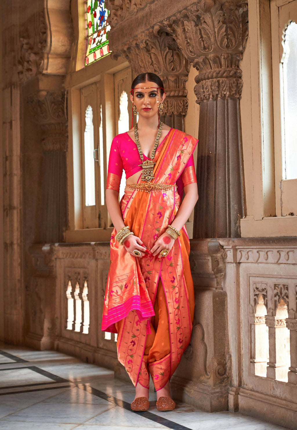 Orange Soft V.P. Silk Magnum Finish, Weaving, Golden Zari Paithani Silk Saree - Rath Kadampalli | Grocsy