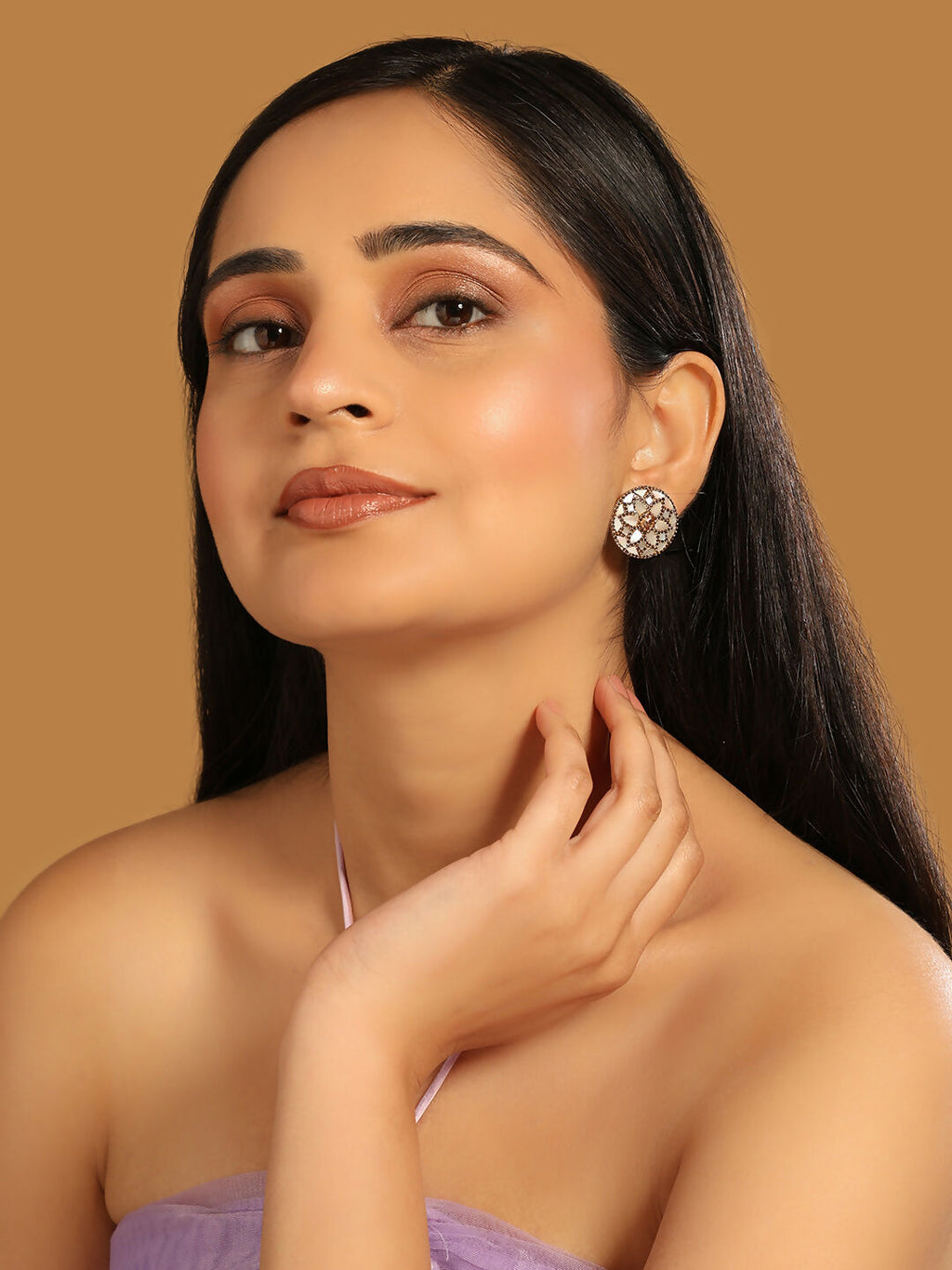 Nuyug 22K Gold Plated Mother of Pearls and Stone Studded Contemporary Floral Shaped Studs | Grocsy