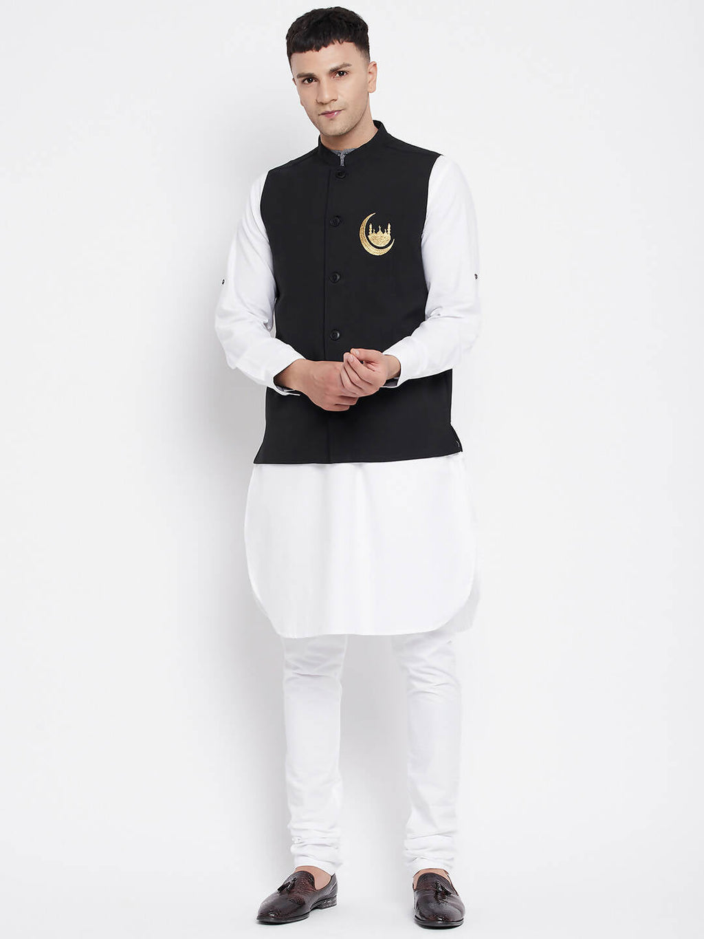 Even Apparels Black Pure Cotton Nehru Jacket With Eid Insignia NJ-PW668-CHA | Grocsy