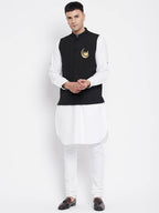 Even Apparels Black Pure Cotton Nehru Jacket With Eid Insignia NJ-PW668-CHA | Grocsy