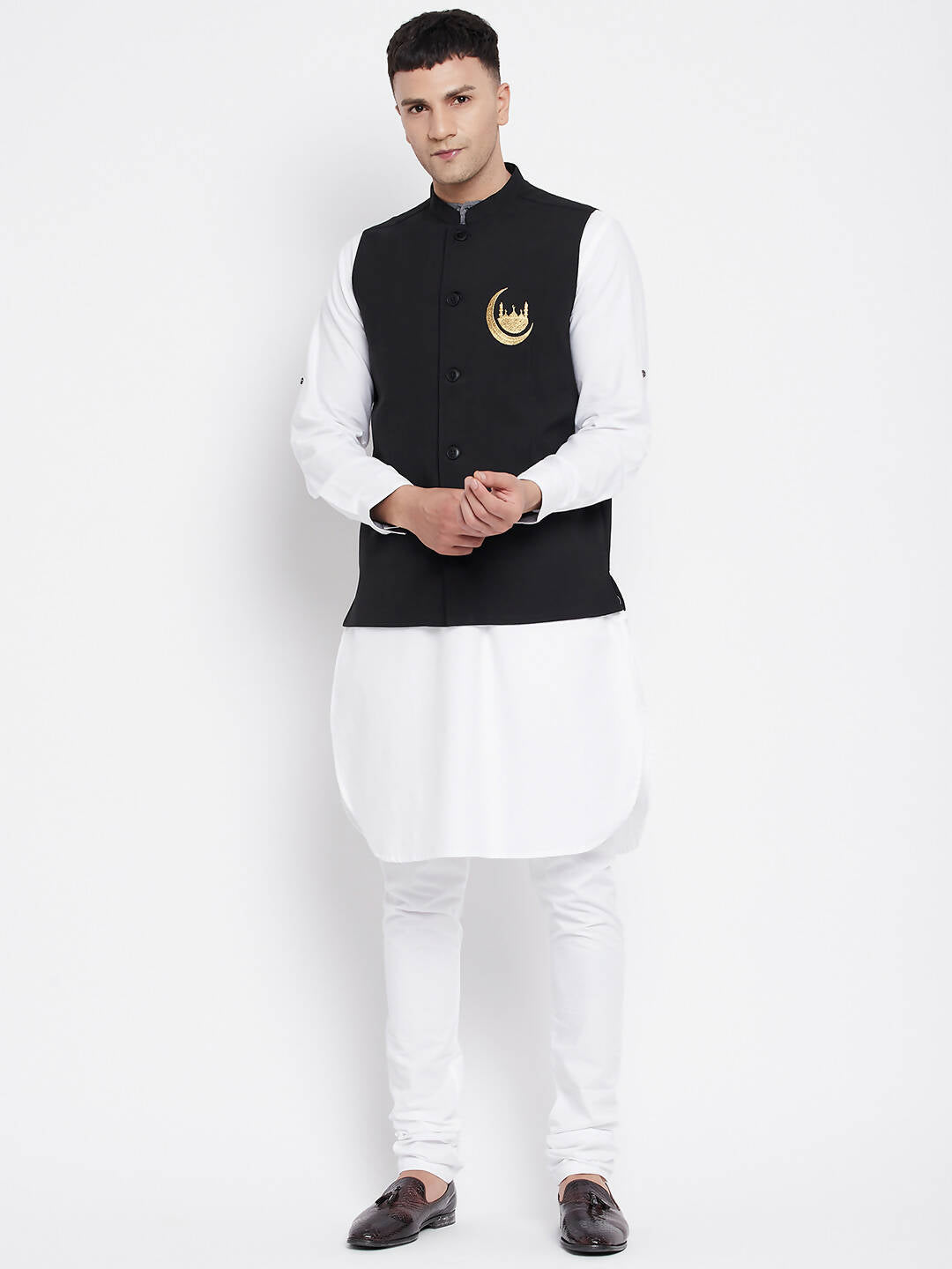 Even Apparels Black Pure Cotton Nehru Jacket With Eid Insignia NJ-PW668-CHA | Grocsy