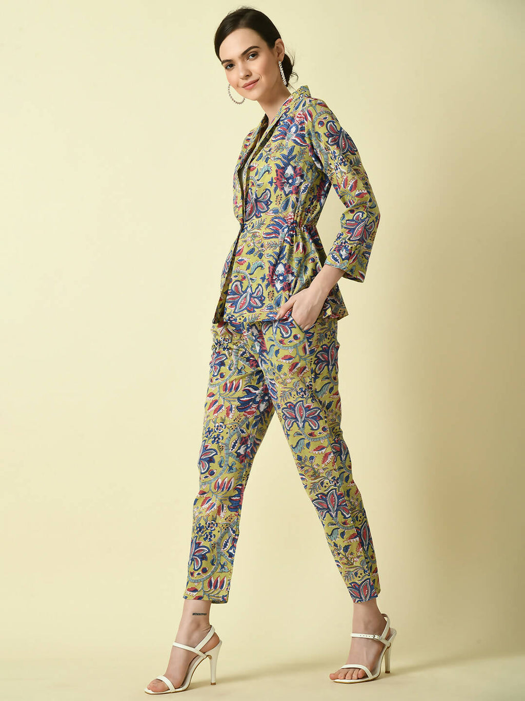 Myshka Women's Multi Shawl Neck Coat With Trousers | Grocsy