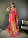 Joban Fashion Reddish Pink Zari Woven Floral Motifs Soft Silk Paithani Silk Saree | Grocsy