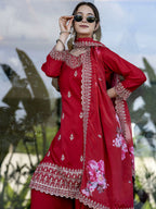 The52 Red Women's Gorgeous Embroidered Vichitra Silk Fabric Straight Kurta, Sharara and Dupatta Set | Grocsy