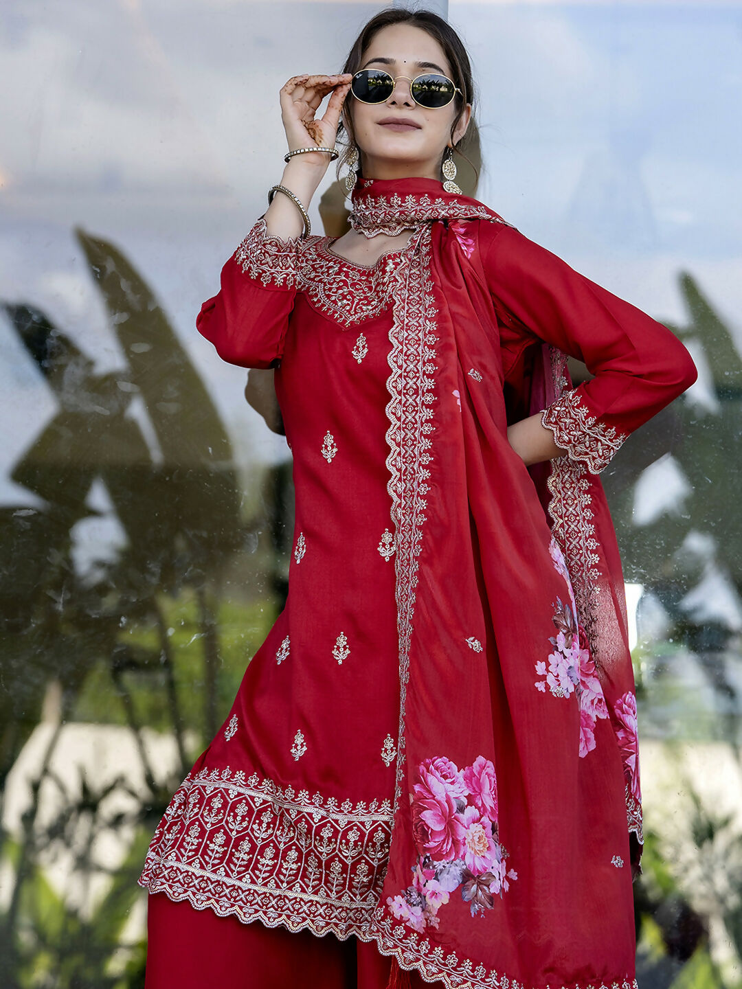 The52 Red Women's Gorgeous Embroidered Vichitra Silk Fabric Straight Kurta, Sharara and Dupatta Set | Grocsy