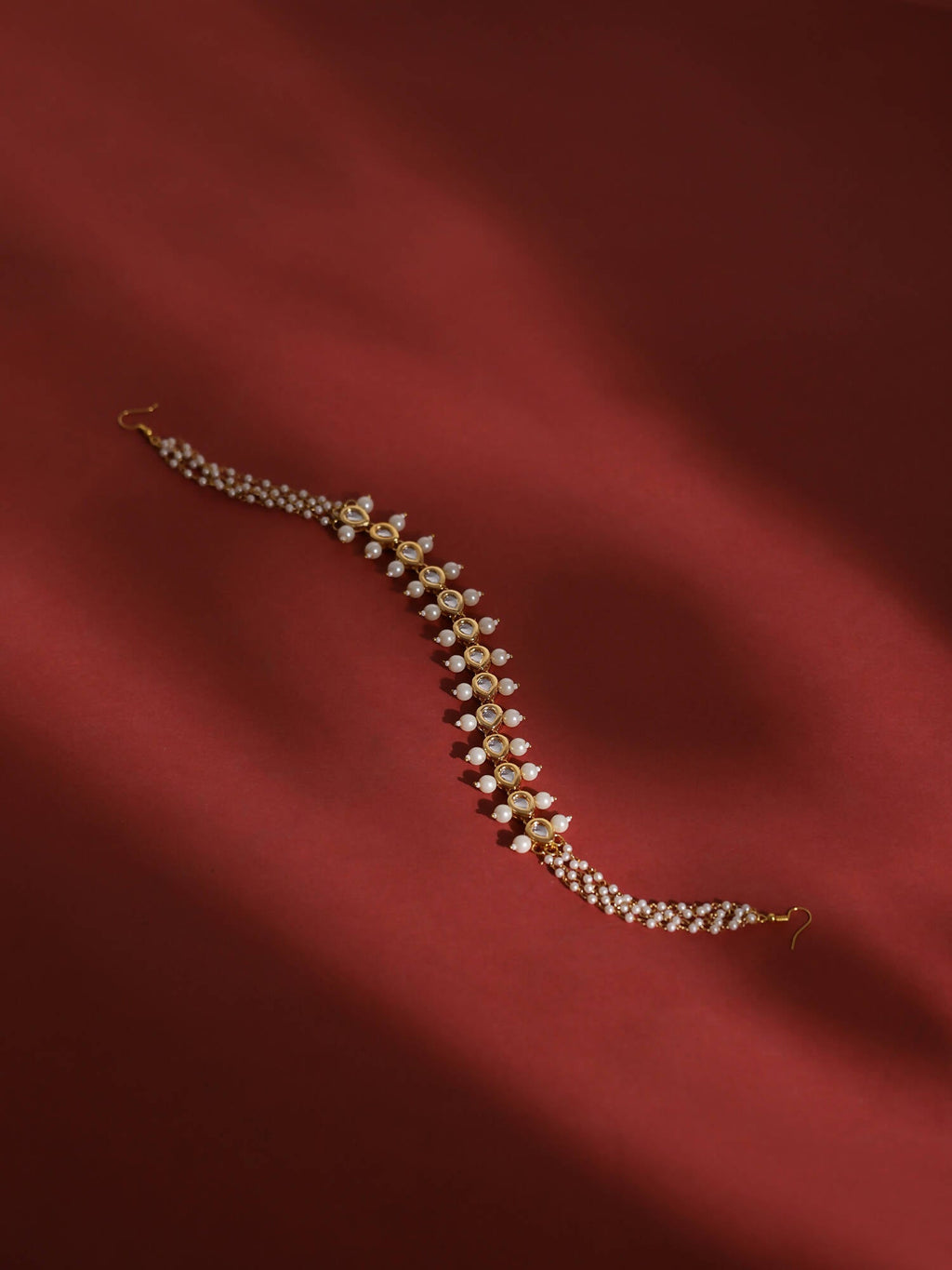 Gold-Polished White Kundan-Studded Pearl Beaded Hair Band - Ruby Raang | Grocsy