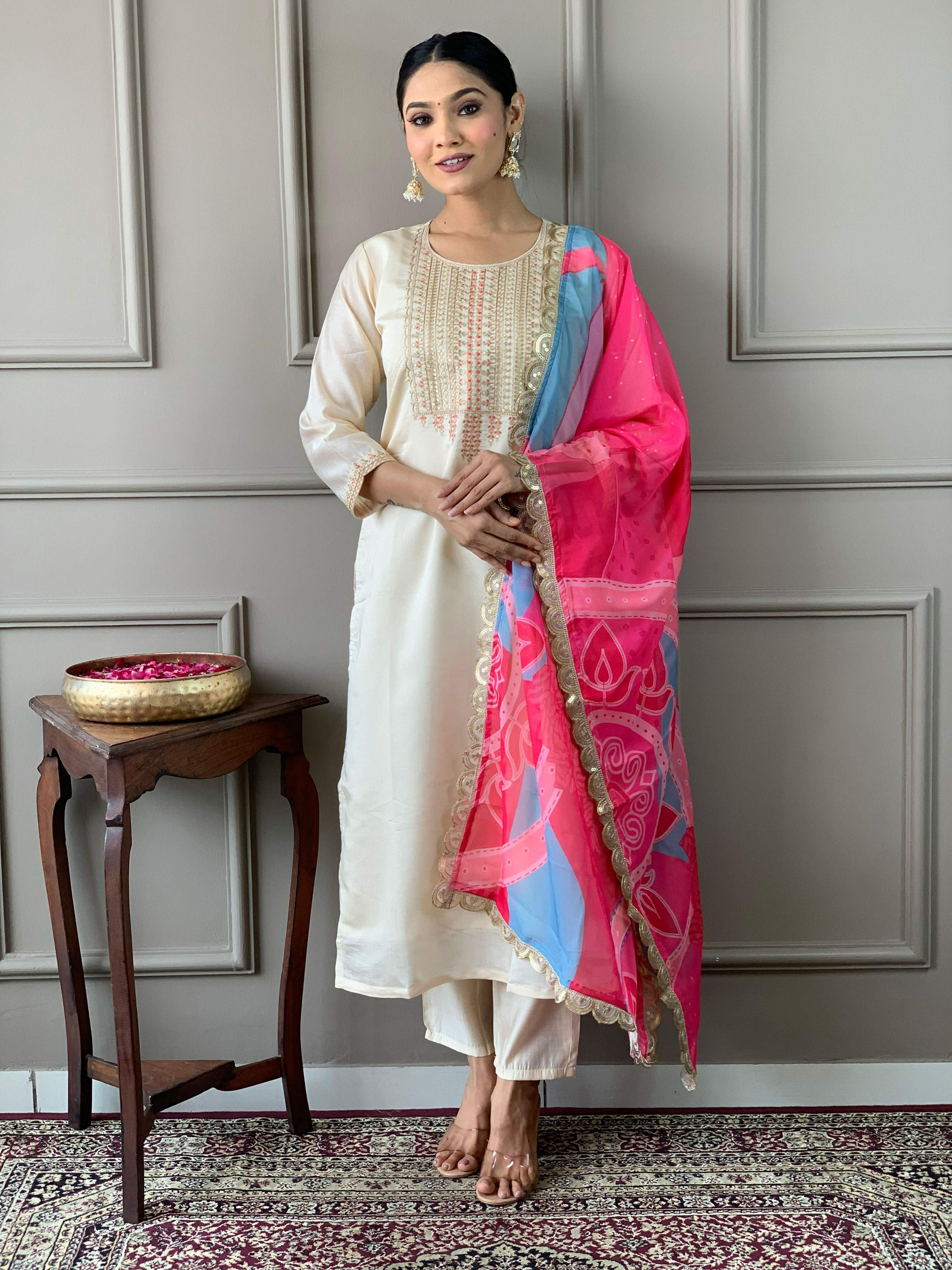 Partywear Designer Viscose Chanderi Off White & Pink Stitched Suit With Dupatta - Anbazaar | Grocsy