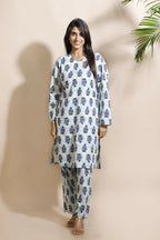 Breathables Women’S Cream Cotton Indian Motif Butta Loungewear Co-Ord Set – Long Kurta & Pants | Grocsy