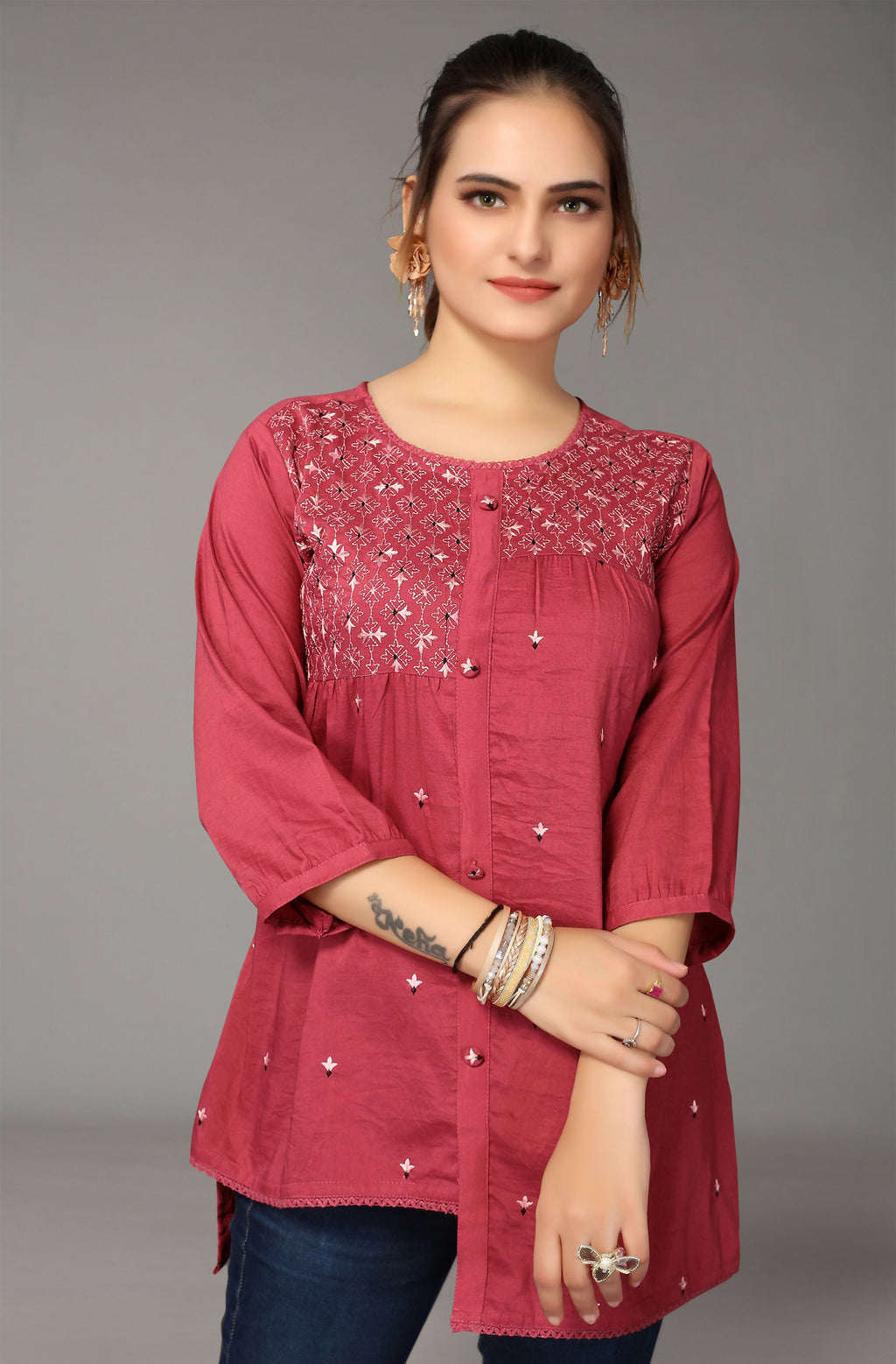 Women's Pink Viscose blend Embroidered Short Top - Marina | Grocsy
