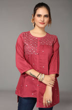 Women's Pink Viscose blend Embroidered Short Top - Marina | Grocsy