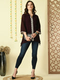 Myshka Women's Coffee Brown Embroidered Party Fusion Top | Grocsy