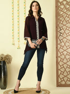 Myshka Women's Coffee Brown Embroidered Party Fusion Top | Grocsy