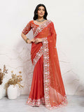 Teeya Creation New Trendy Wedding Special Party Wear Soft Nxc Moss Chiffon Saree-Orange | Grocsy