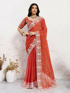 Teeya Creation New Trendy Wedding Special Party Wear Soft Nxc Moss Chiffon Saree-Orange | Grocsy