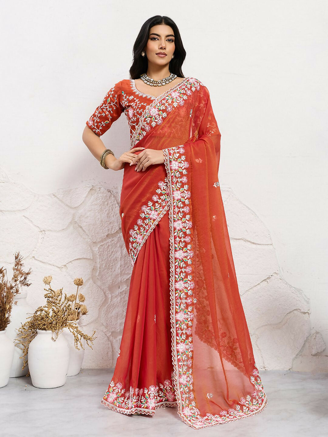 Teeya Creation New Trendy Wedding Special Party Wear Soft Nxc Moss Chiffon Saree-Orange | Grocsy