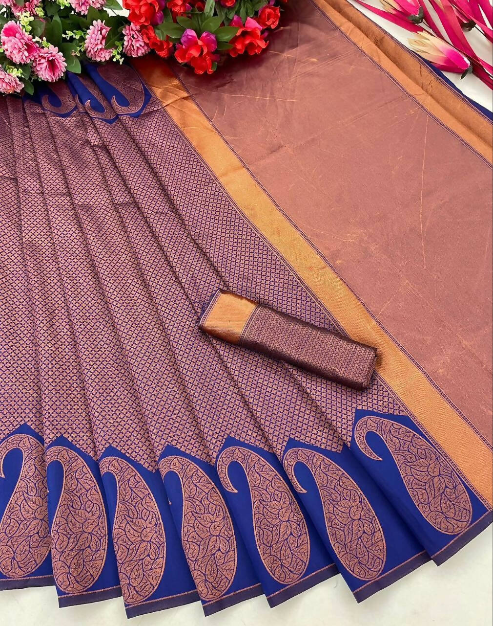DEIANA'S Beautiful Designer Golden zari Soft Lichi Silk Saree - Blue | Grocsy