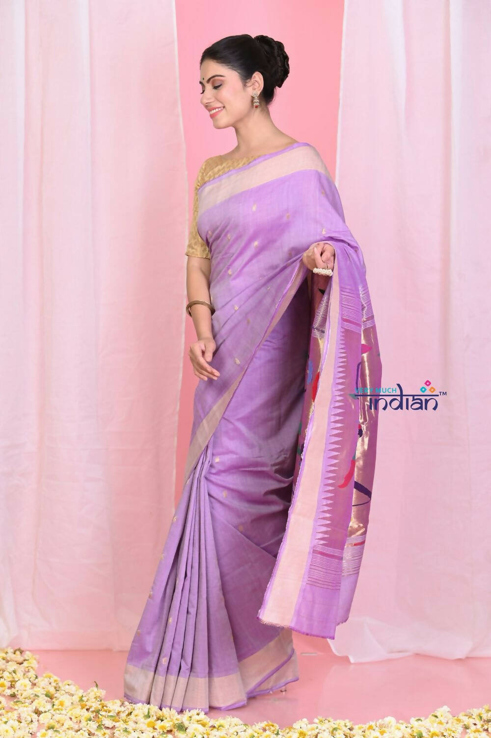 Very Much Indian Handloom Pure Cotton Paithani With Handwoven Pallu -Lilac | Grocsy