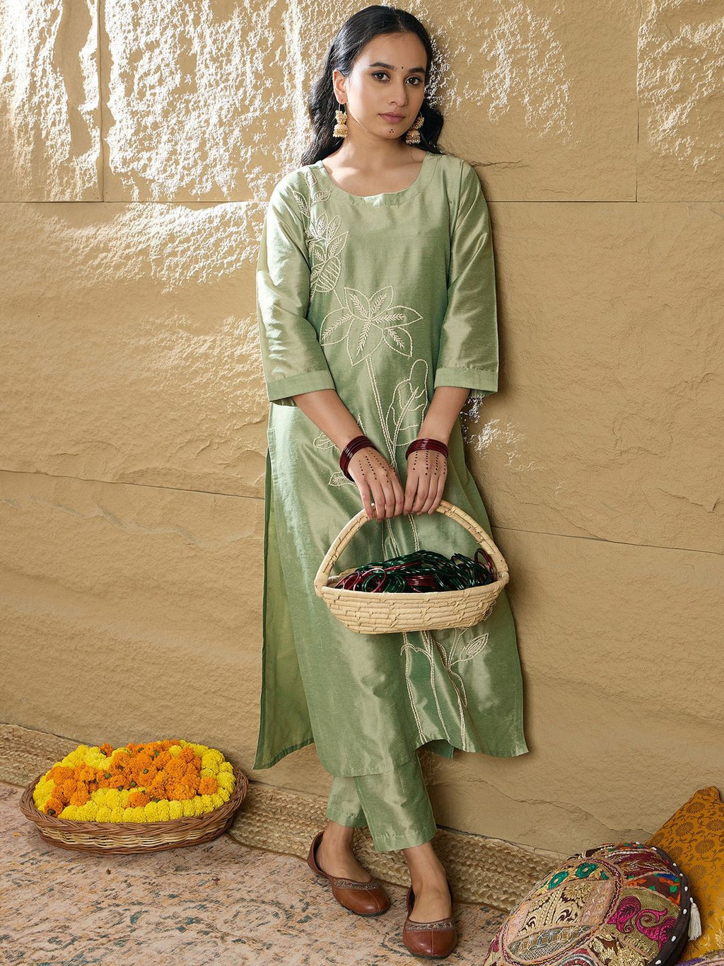Indo Era Women Floral Embroidered Regular Thread Work Kurta with Trousers | Grocsy