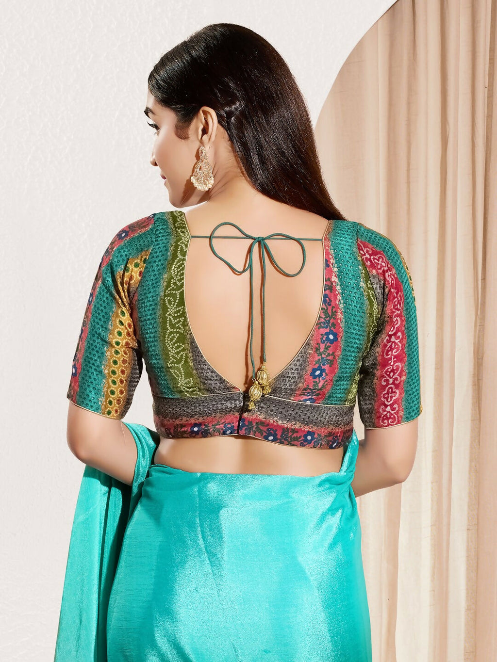 Joban Fashion Rama Green Brocade Padded Blouse With V Neck Elbow Sleeves | Grocsy