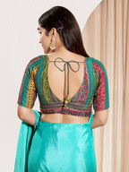 Joban Fashion Rama Green Brocade Padded Blouse With V Neck Elbow Sleeves | Grocsy