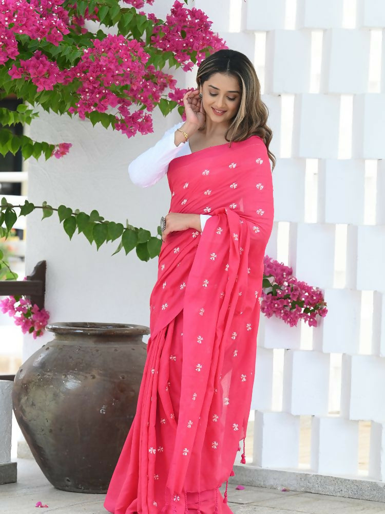 Beatitude Pink Khadi Floral Embroidered Saree | Grocsy