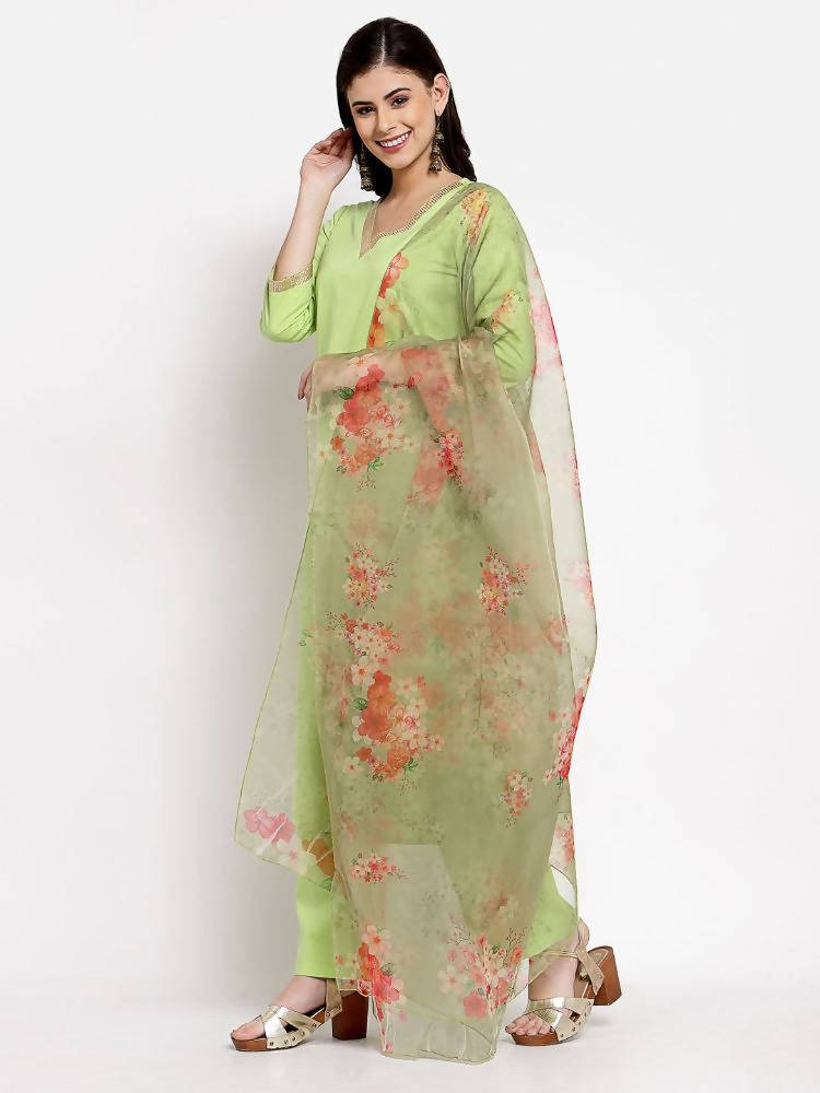Myshka Women's Green Cotton Solid 3/4 Sleeve V Neck Casual Kurta Pant Dupatta Set | Grocsy
