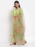 Myshka Women's Green Cotton Solid 3/4 Sleeve V Neck Casual Kurta Pant Dupatta Set | Grocsy