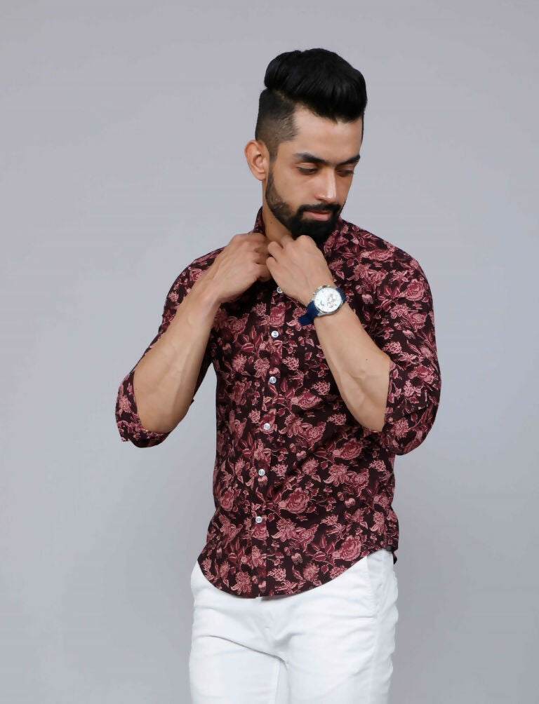 Miravan Men's Floral Slim Fit Long Sleeves Maroon Shirt | Grocsy