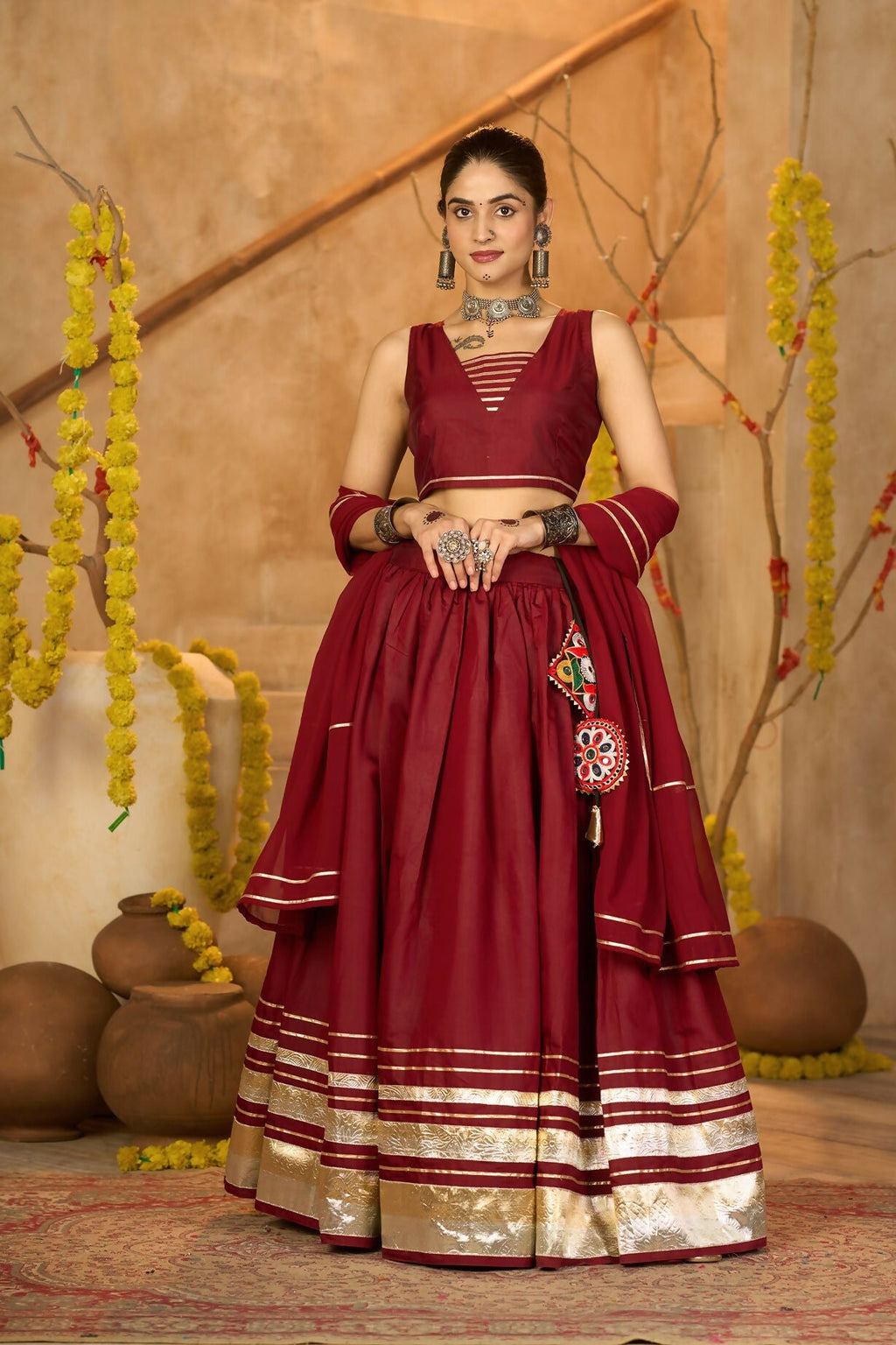 AI Fashion Maroon Silk Crepe Designer Navratri Wear Lehenga Choli Collection | Grocsy