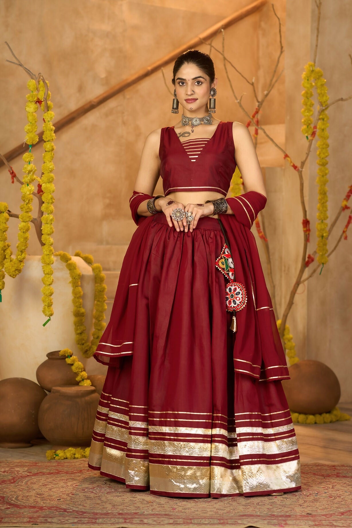 AI Fashion Maroon Silk Crepe Designer Navratri Wear Lehenga Choli Collection | Grocsy