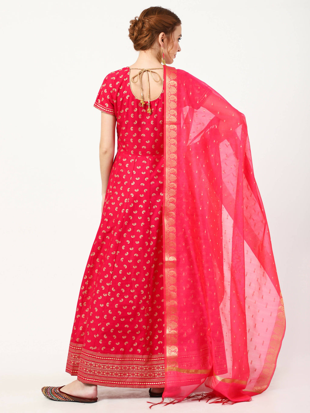 Cheera Women's Deep Pink Cotton & Silk Hand Block Print Long Dress With Silk Dupatta Set | Grocsy
