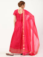 Cheera Women's Deep Pink Cotton & Silk Hand Block Print Long Dress With Silk Dupatta Set | Grocsy